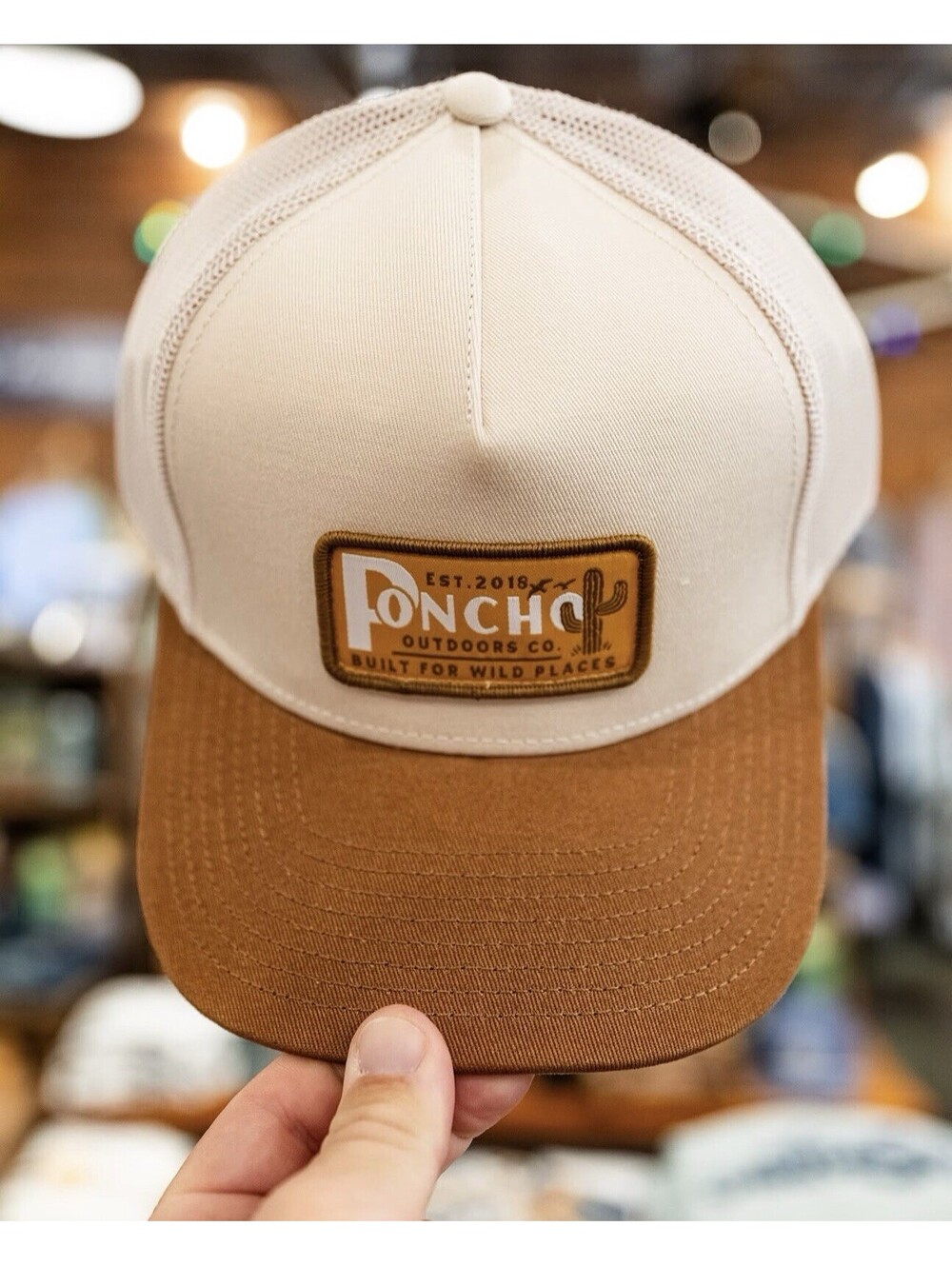 Poncho Outdoor Co. Cactus Logo Adjustable Snap Back Trucker Hat Beige Brown